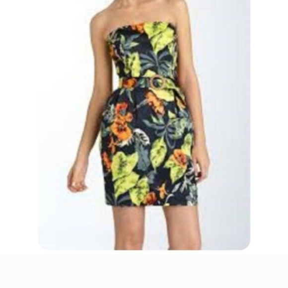 French Connection Yellow & Green Floral Leaf Print Mini Strapless Dress Size 12 - Picture 5 of 7
